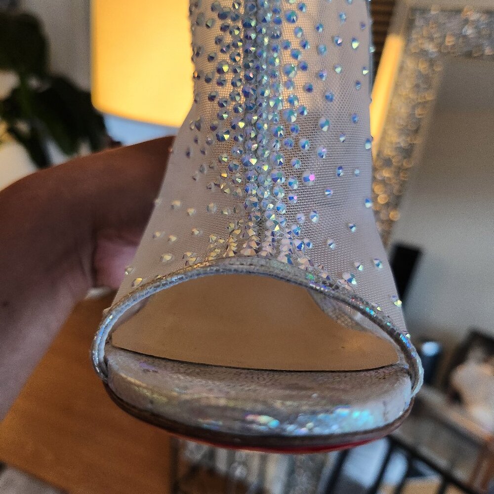 Christian Louboutin Ondessa Open Toe Stiletto Bootie Silver Nude Mesh Diamonds - Picture 14 of 15